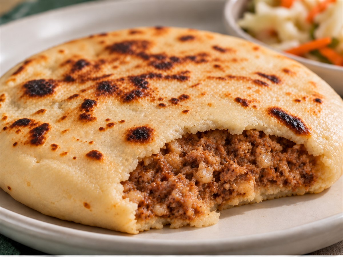 Pupusa de chicharrón partida, con el relleno de chicharrón molido a la vista y curtido al fondo.
