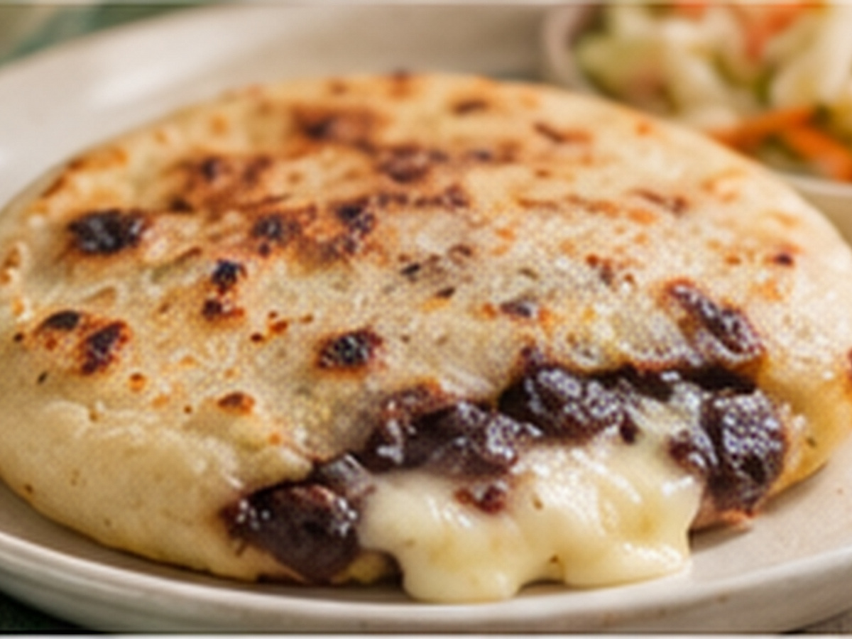 Pupusa de frijol con queso abierta, con frijoles oscuros y queso derretido.