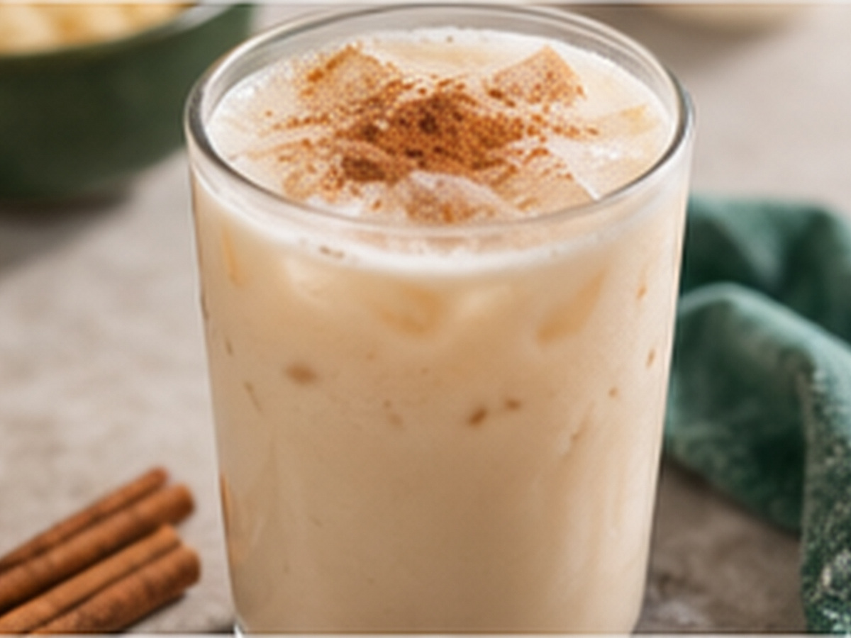 Vaso de horchata salvadoreña color beige claro con canela.