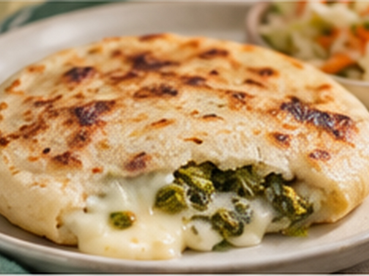 Pupusa de loroco con queso abierta, con loroco verde y queso derretido.