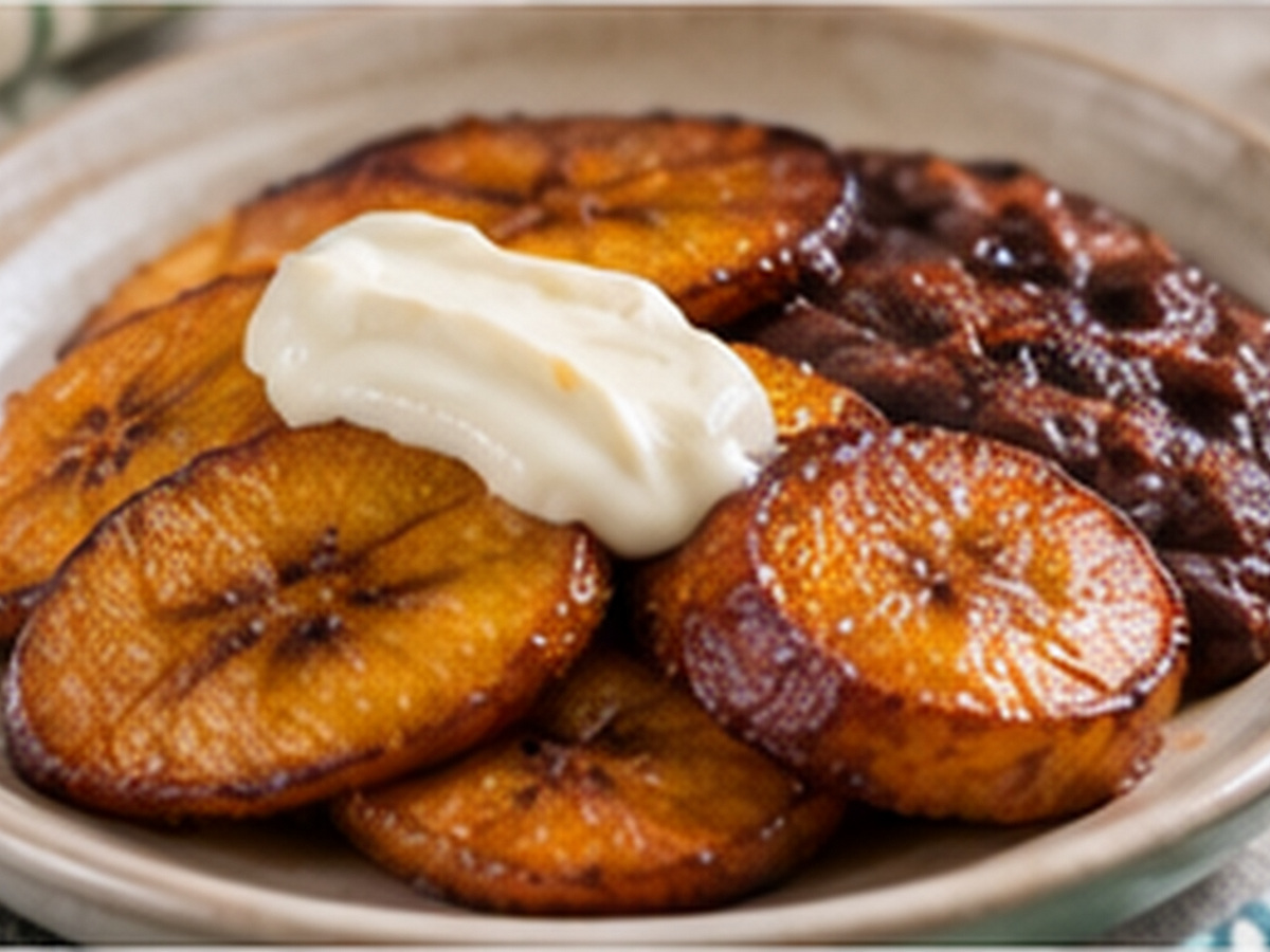 Plátanos maduros fritos caramelizados con crema y frijoles refritos.