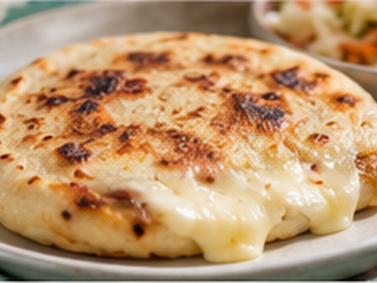 Pupusa de queso dorada, abierta en el borde con queso derretido.