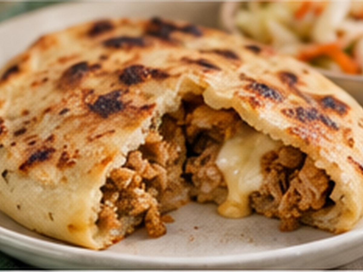 Pupusa revuelta abierta con relleno mixto y queso derretido.