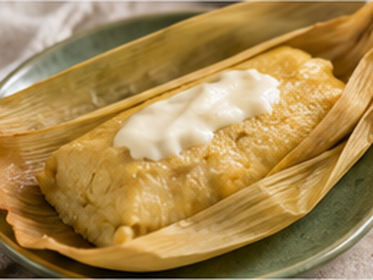 Tamal de elote abierto en su hoja con una cucharada de crema.