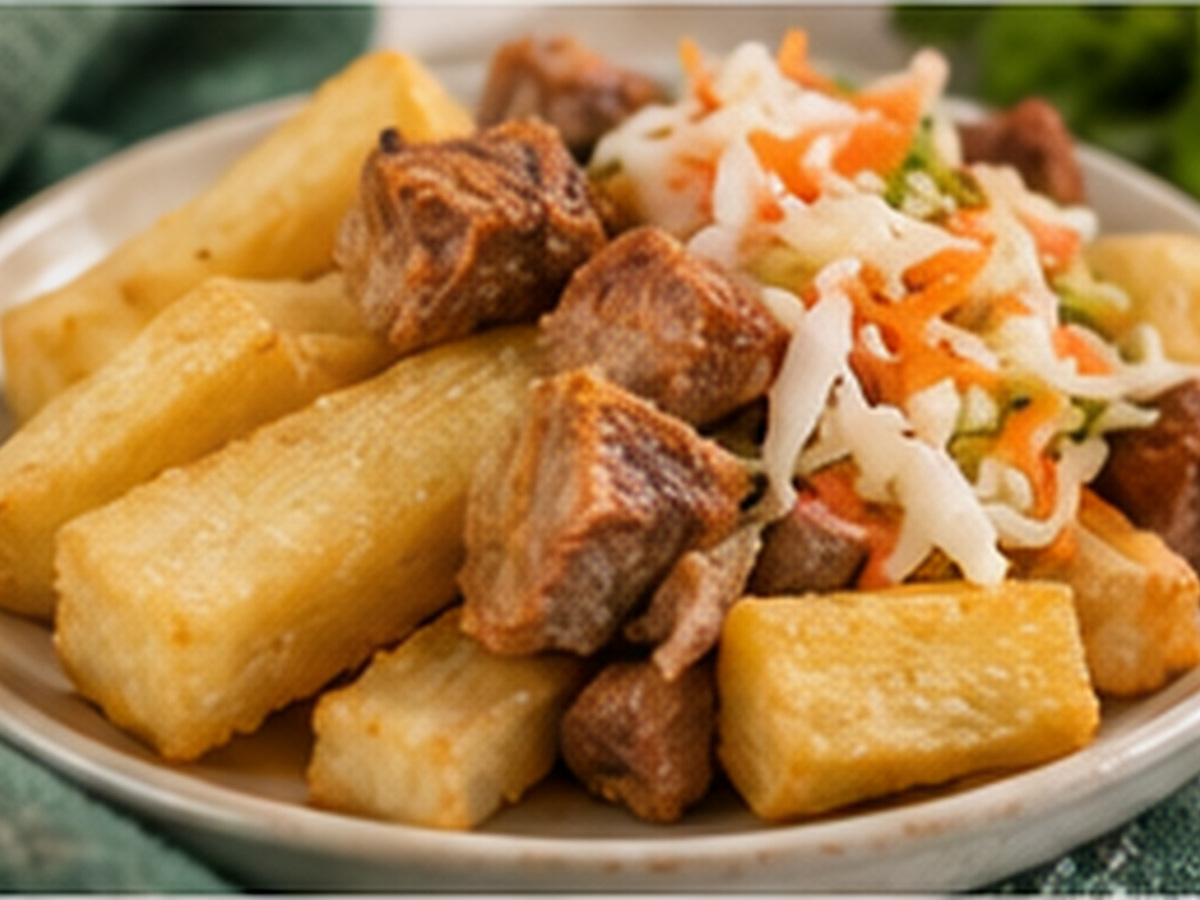 Yuca frita en bastones gruesos con chicharrón en trozos y curtido.