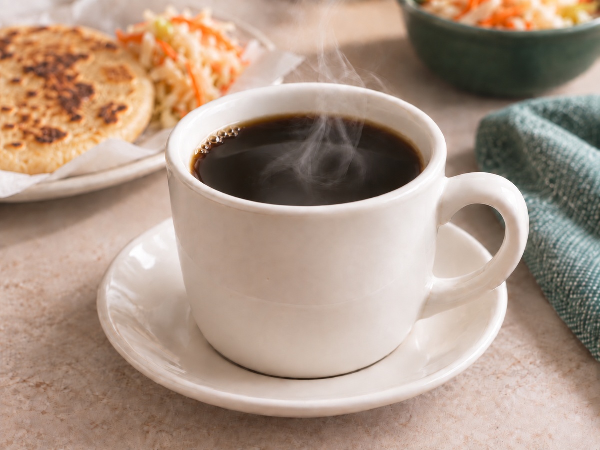 Café negro humeante en una taza blanca sobre un platillo, con una pupusa y curtido desenfocados al fondo.