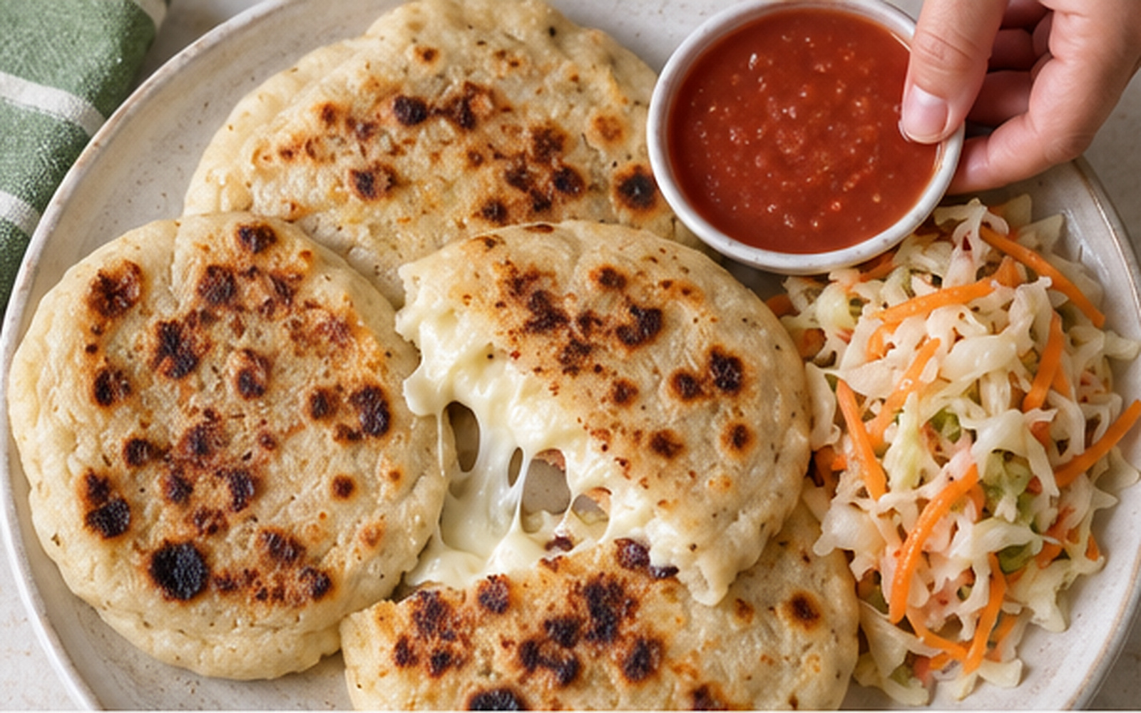 Pupusas gruesas doradas al comal con queso derretido, curtido y salsa de tomate, vistas desde arriba.