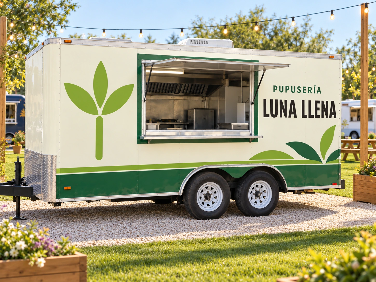 Tráiler verde y crema de Pupusería Luna Llena en un parque de food trucks con césped, macetas y luces decorativas al fondo.