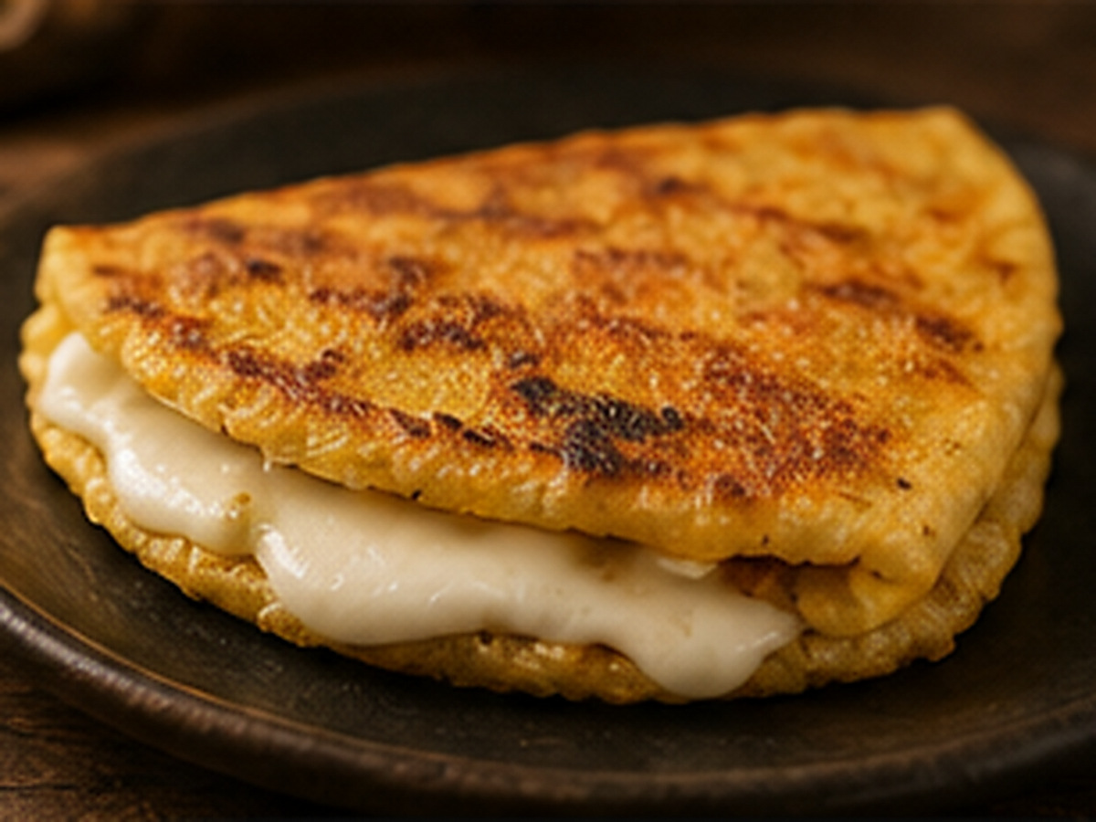 Cachapa doblada con queso de mano sobre un plato.