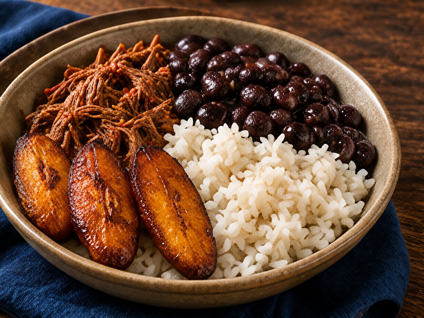 Plato de pabellón criollo con carne mechada, caraotas negras, arroz blanco y tajadas de plátano.