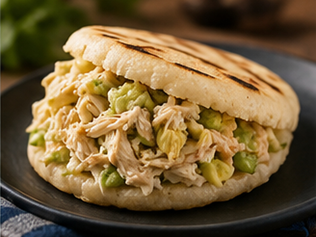 Arepa reina pepiada abierta sobre un plato.