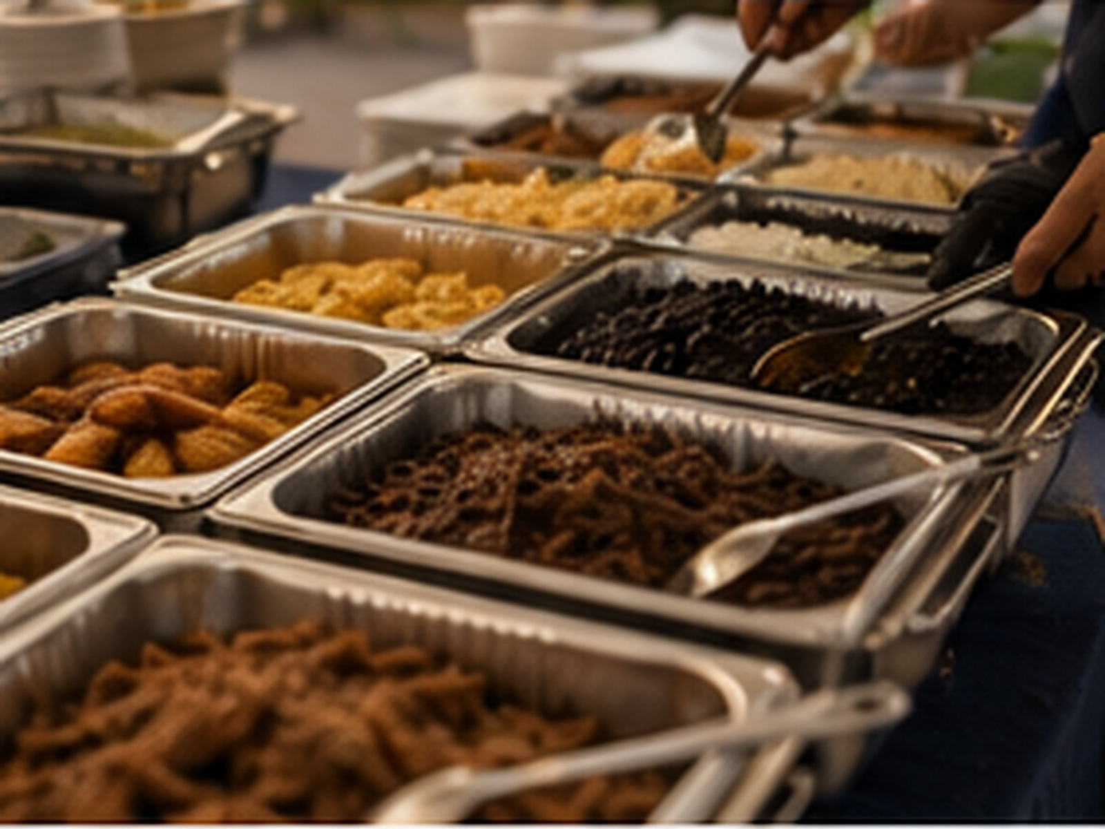 Mesa de buffet con arepas, tequeños y cachapas servidas en bandejas durante un evento.