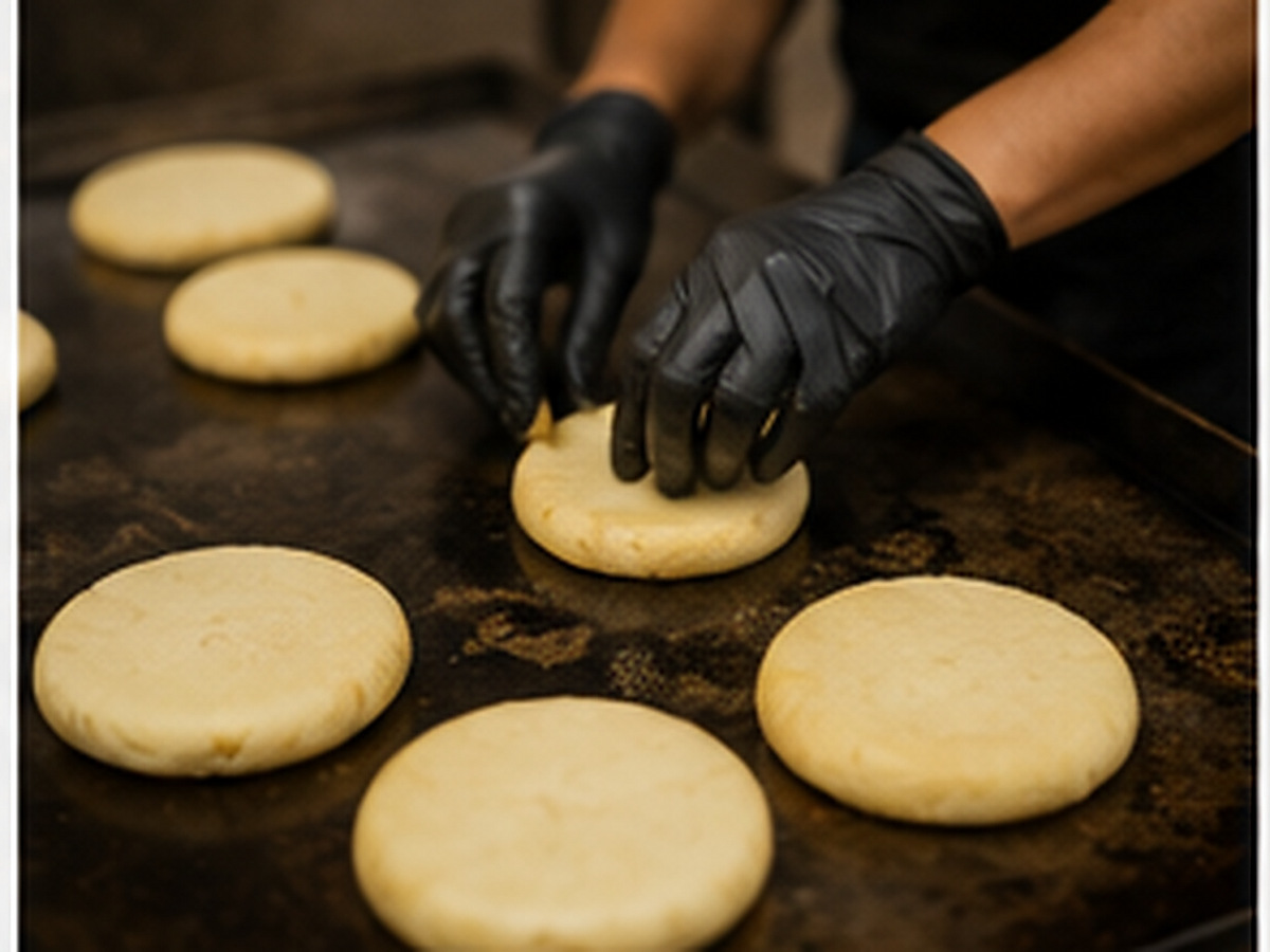 Manos con guantes forman arepas gruesas sobre una plancha durante la preparación para catering.