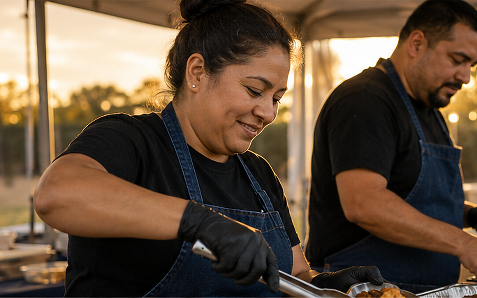Una integrante del equipo sirve arepas rellenas desde la estación de servicio.