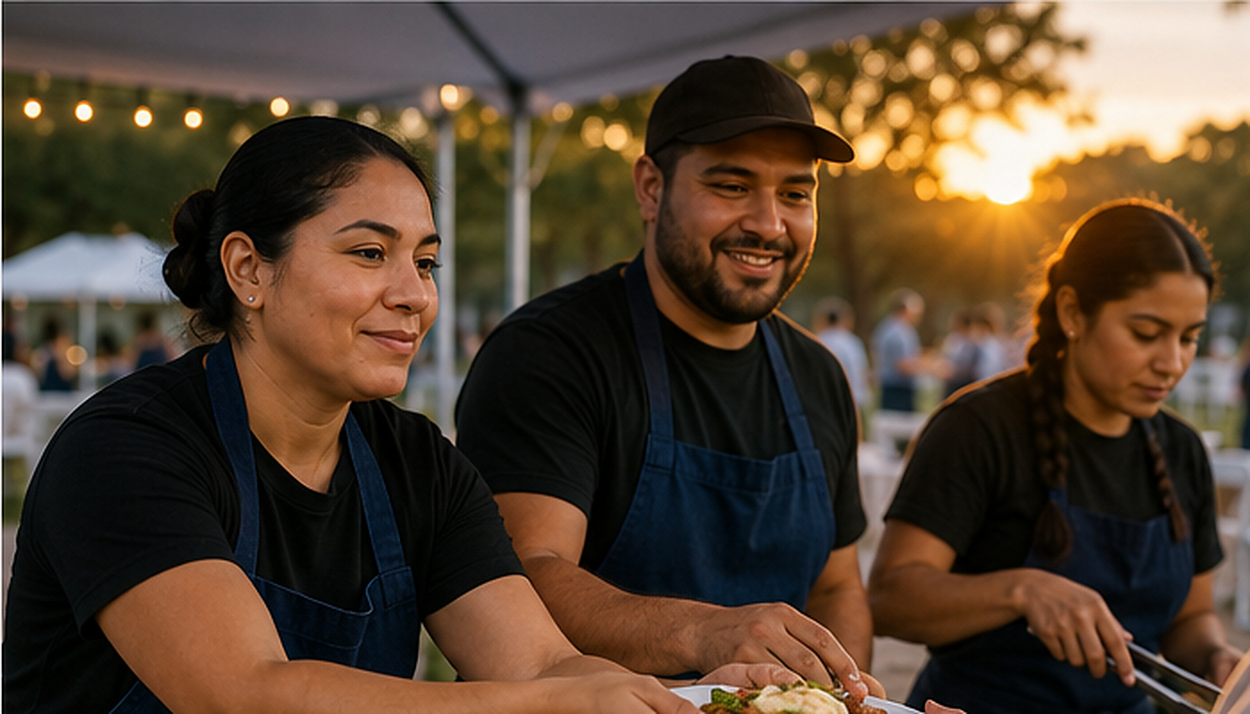 Tres personas en la demostración ficticia de catering Arepas del Cometa.