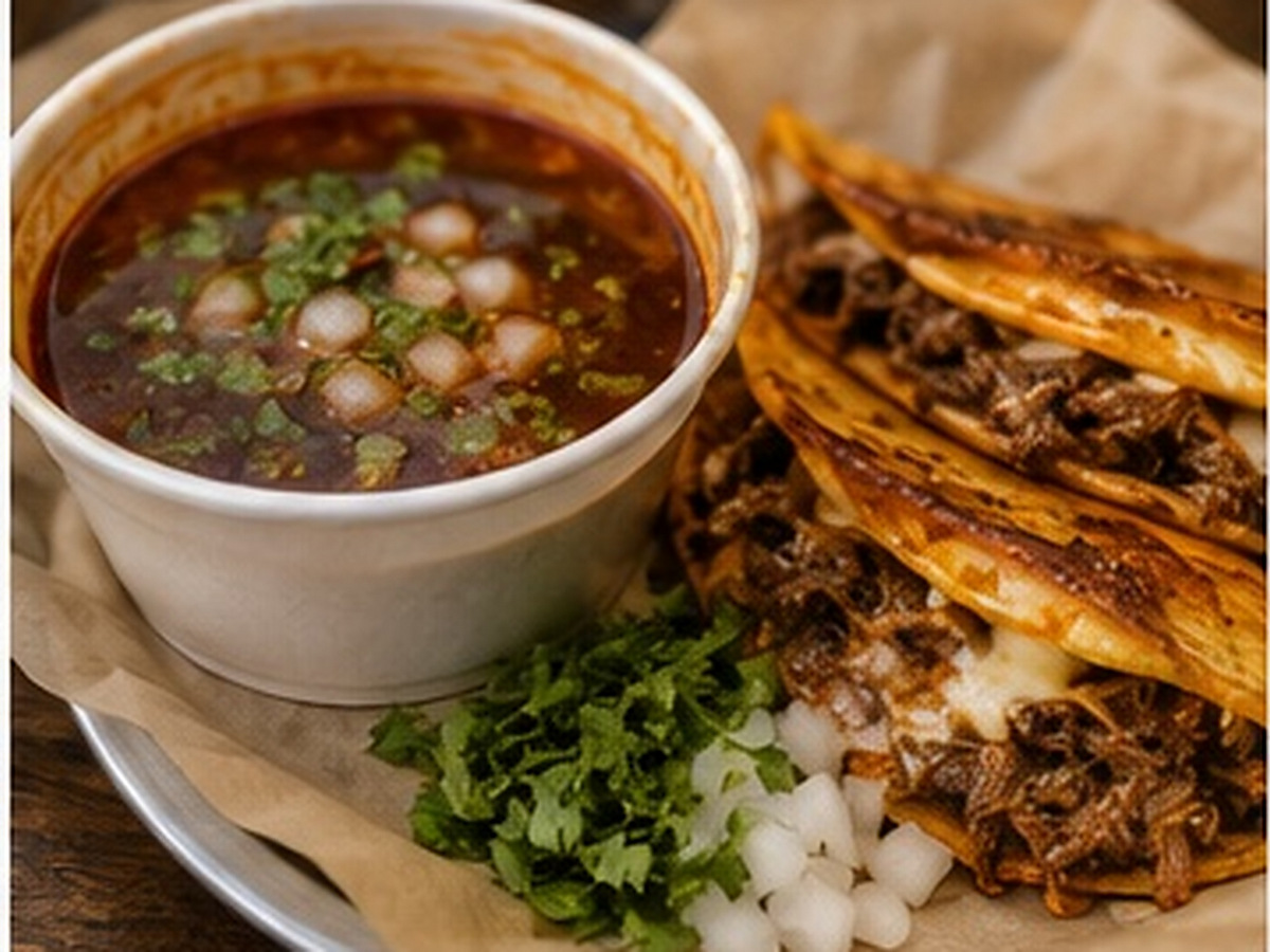 Quesabirria dorada rellena de carne y queso junto a un vaso de consomé con grasa roja de chile visible.