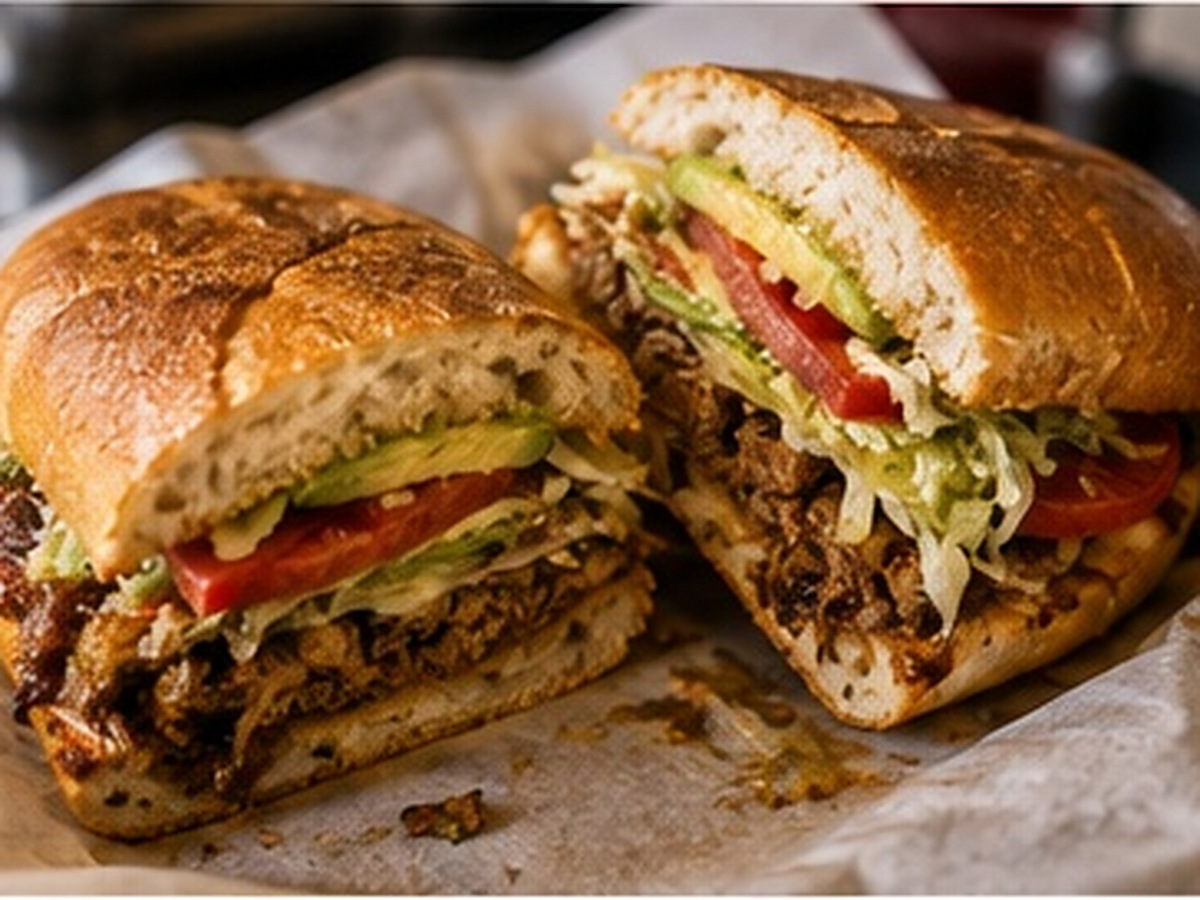Una torta cortada por la mitad, servida sobre papel para alimentos con carne y verduras visibles.