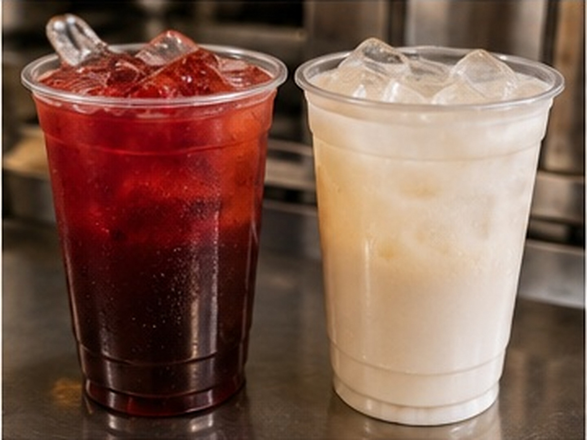 Dos vasos transparentes con hielo: agua de jamaica roja y horchata cremosa.