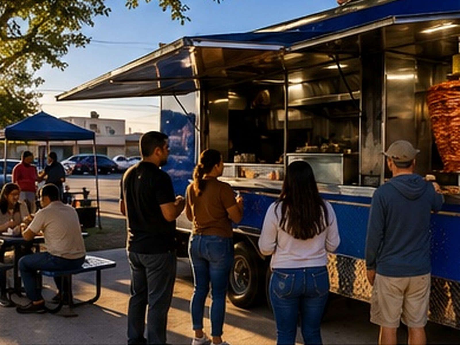 Clientes esperan y comen junto al taco truck azul en el lote durante la tarde.