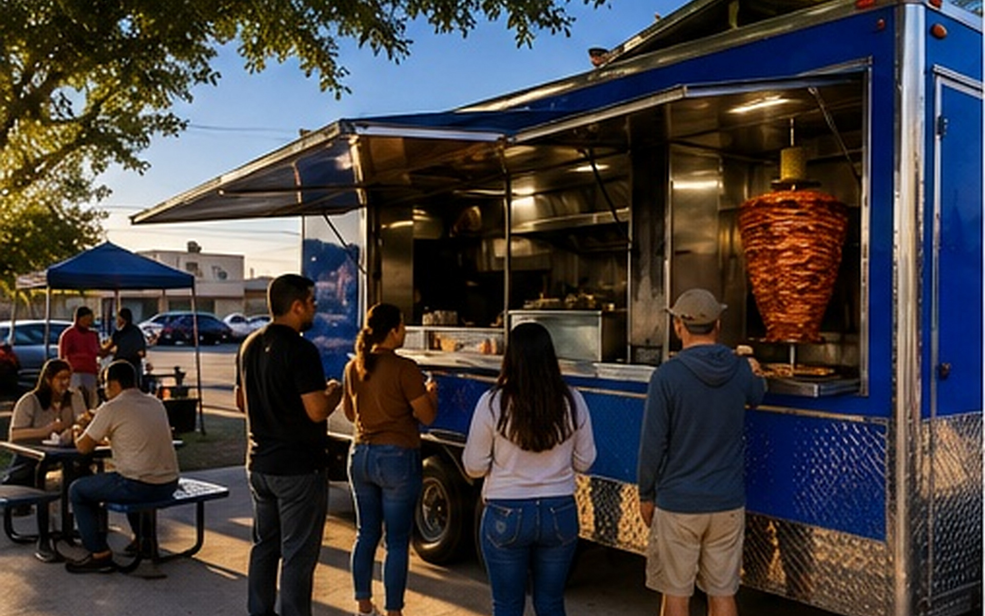 El taco truck azul en un lote de Houston, visto en ángulo de tres cuartos con clientes junto a la ventanilla y el trompo visible.