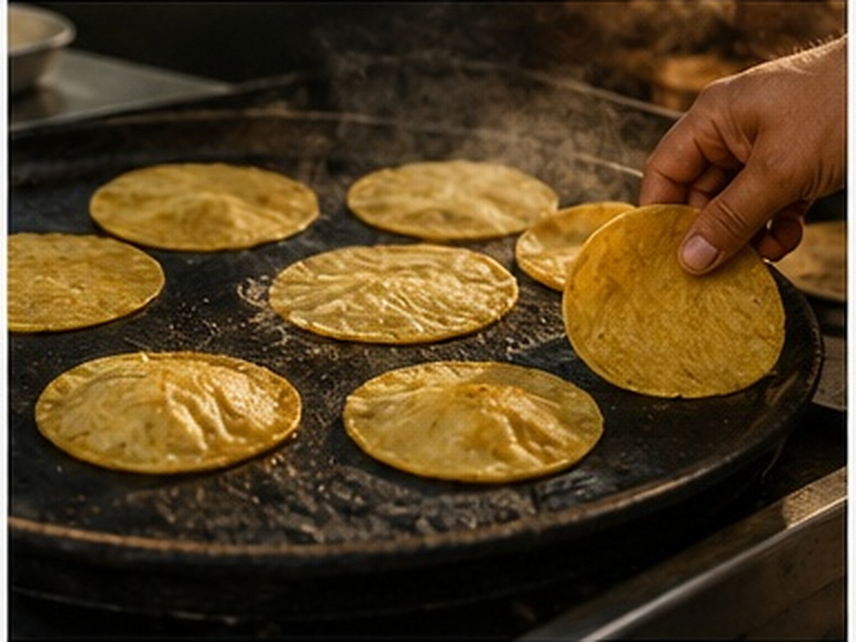 Una mano levanta una tortilla de maíz mientras varias tortillas se cuecen y se inflan sobre el comal.