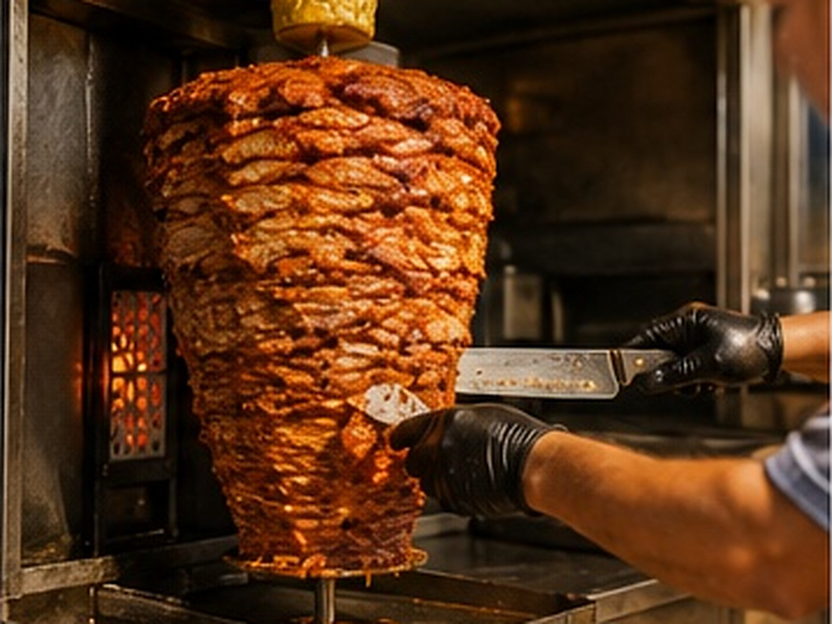 Una persona corta carne al pastor de un trompo dentro de la ventanilla del camión.