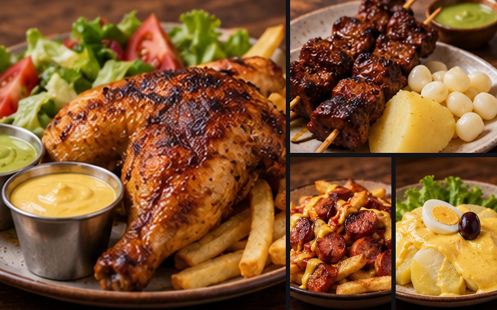 Selección para compartir con pollo a la brasa, anticuchos, salchipapa y papa a la huancaína en una composición de platos.