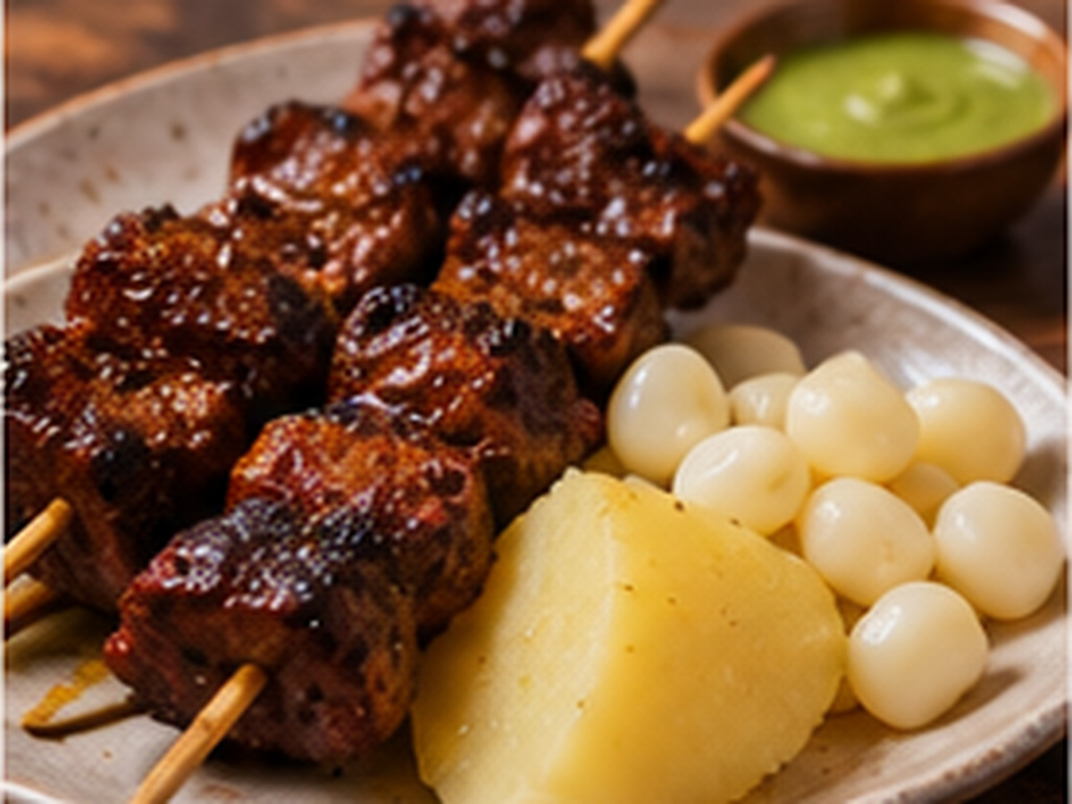 Anticuchos a la parrilla con papa y choclo en un plato de cartón.