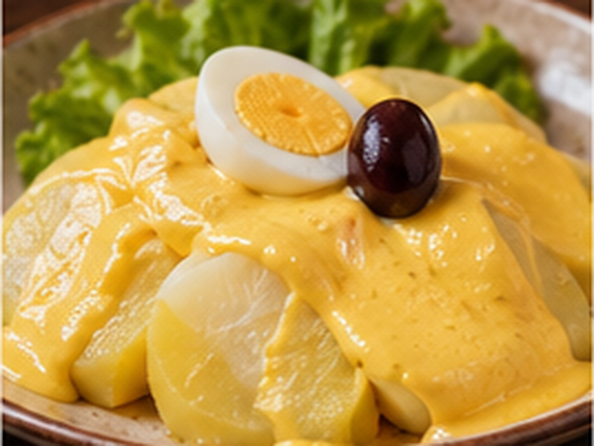 Papas cocidas en rodajas cubiertas con crema huancaína pálida, huevo, aceituna y lechuga.