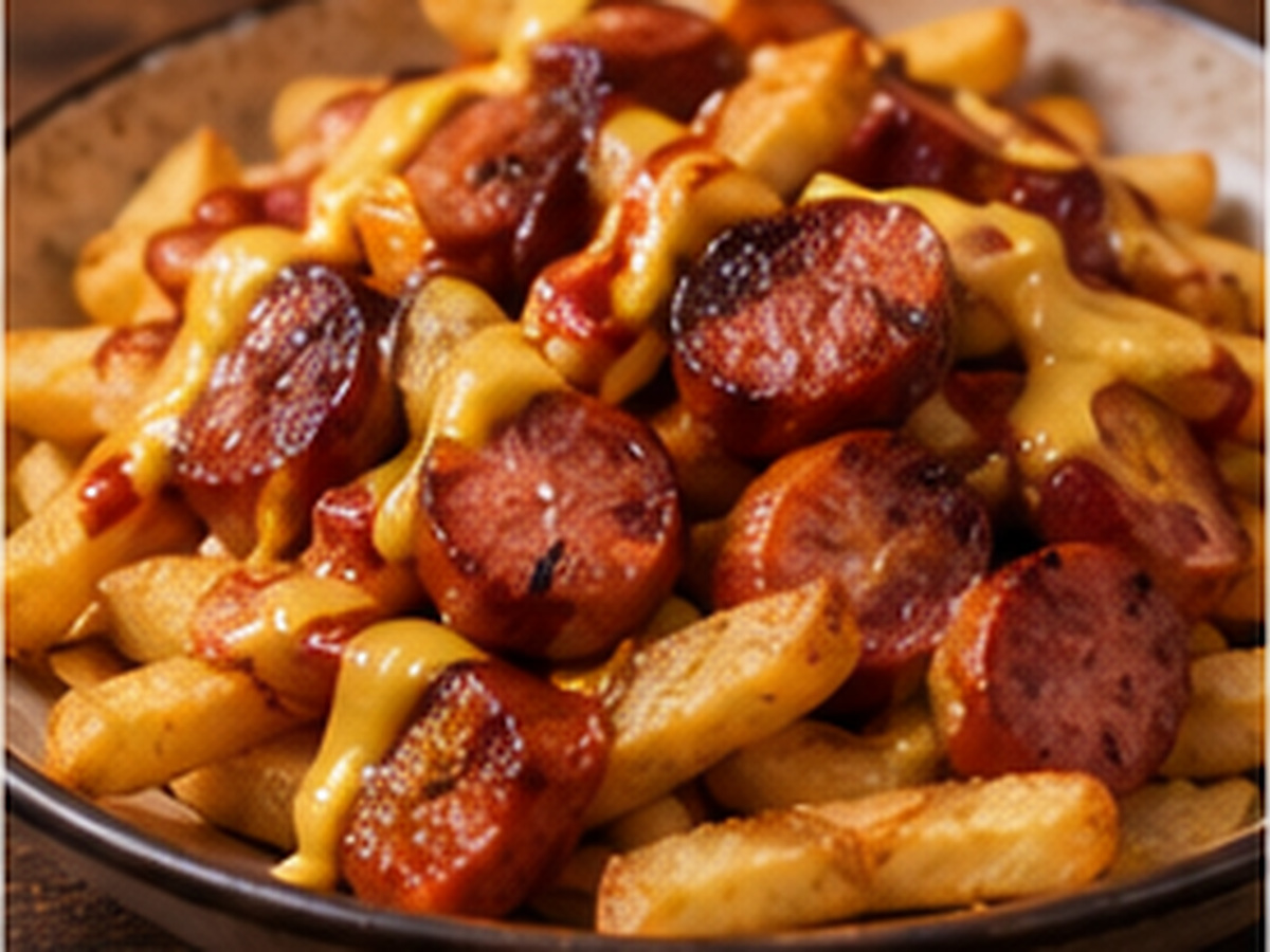 Rodajas de salchicha frita sobre papas fritas en un plato de salchipapa.