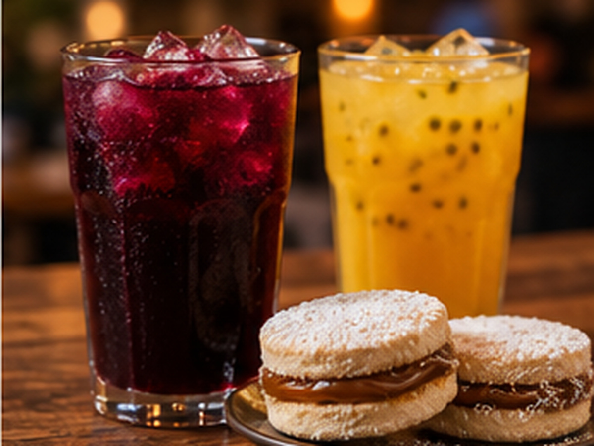 Vaso de chicha morada con hielo junto a un picarón.