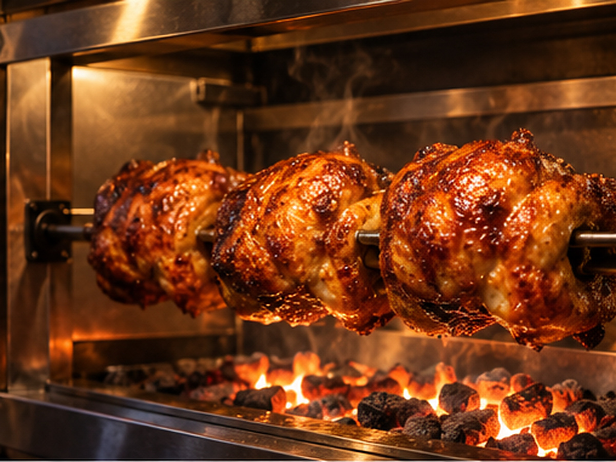 Los pollos girando en el asador de la camioneta.