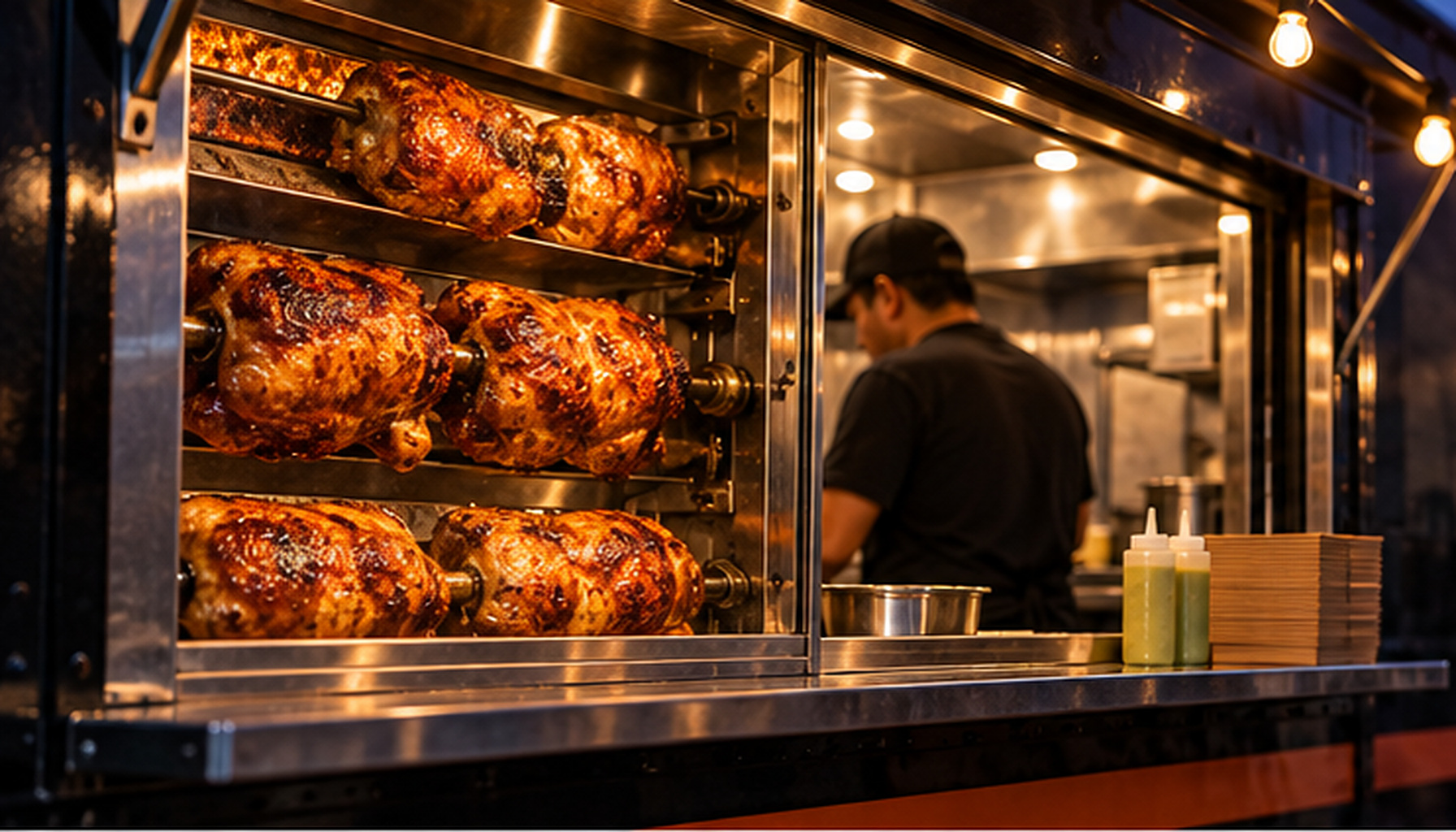 Pollos a la brasa de piel dorada giran sobre carbón dentro de la ventanilla iluminada de una camioneta negra, mientras una persona trabaja junto al asador.