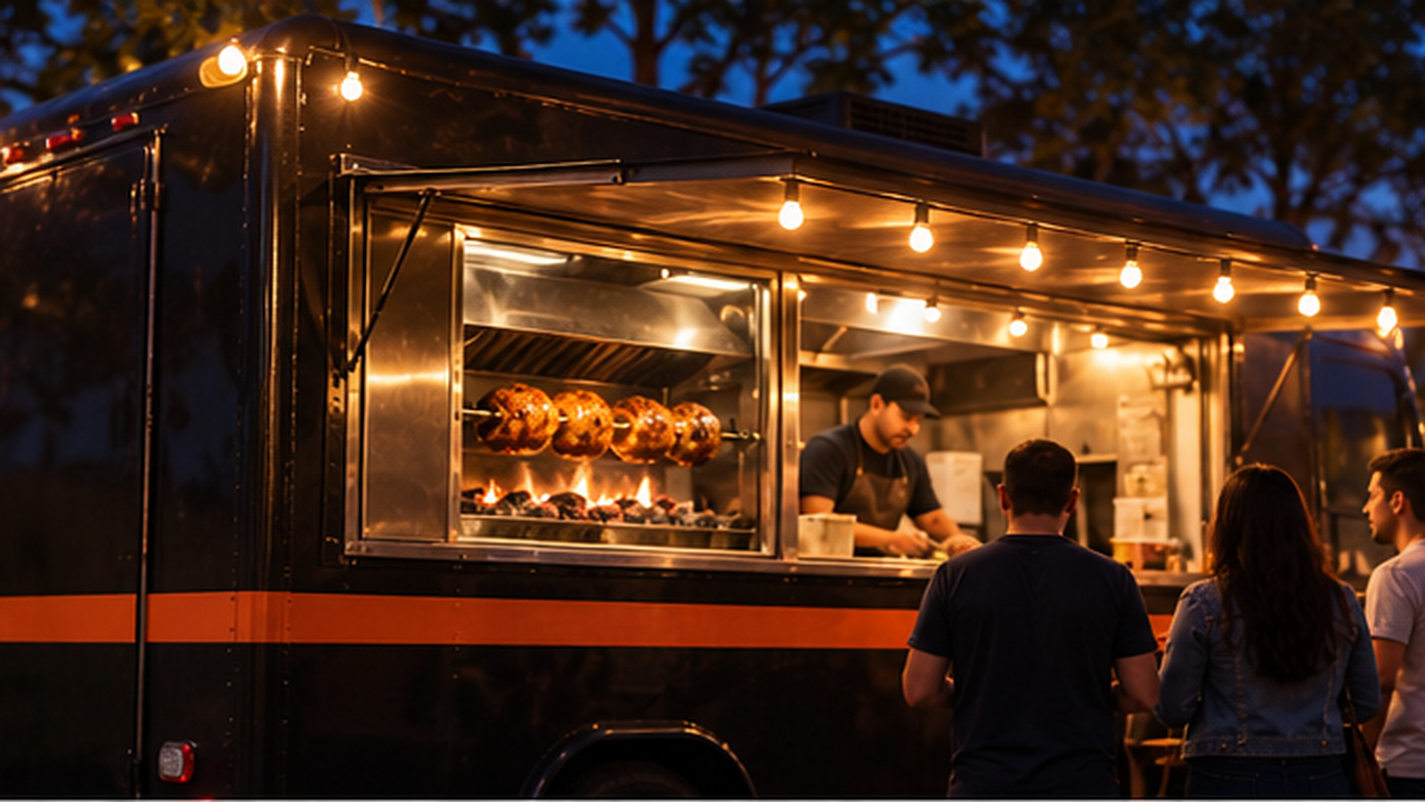 Camioneta negra con una sola franja naranja ember, luces de cadena sobre el lado de servicio y asador rotatorio de carbón visible por la ventanilla.
