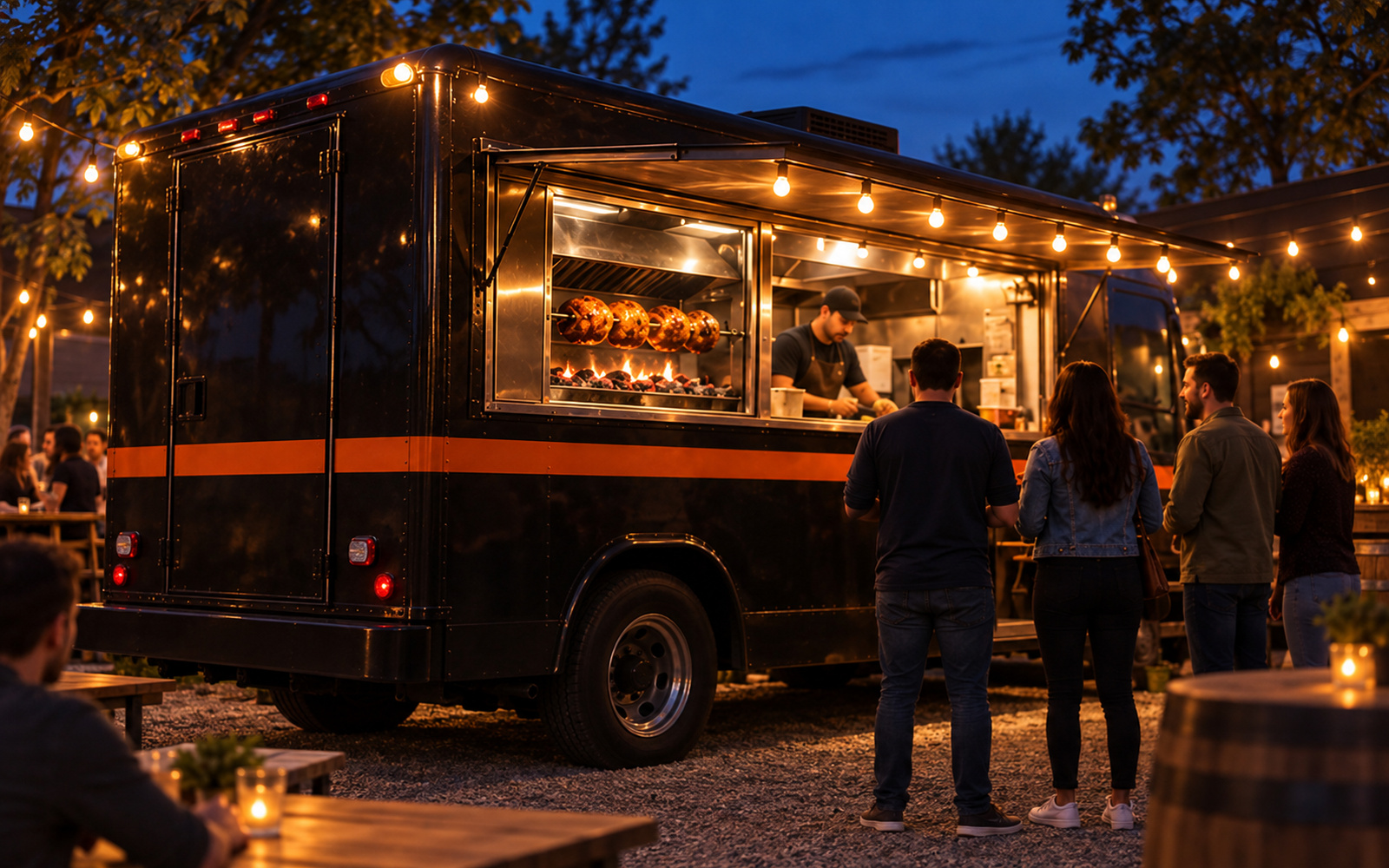 Camioneta negra con una franja naranja y luces de cadena sirve en un patio nocturno genérico; el asador de carbón se ve por la ventanilla.