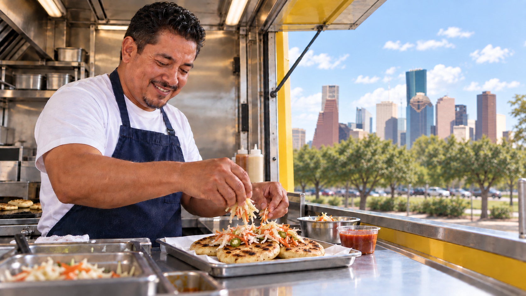 Escena ilustrativa de una persona preparando pupusas en un food truck en Houston.
