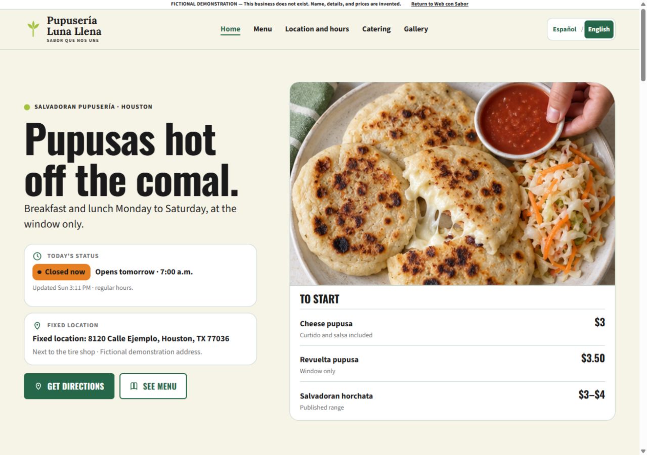 Fictional Pupusería Luna Llena website example in English.
