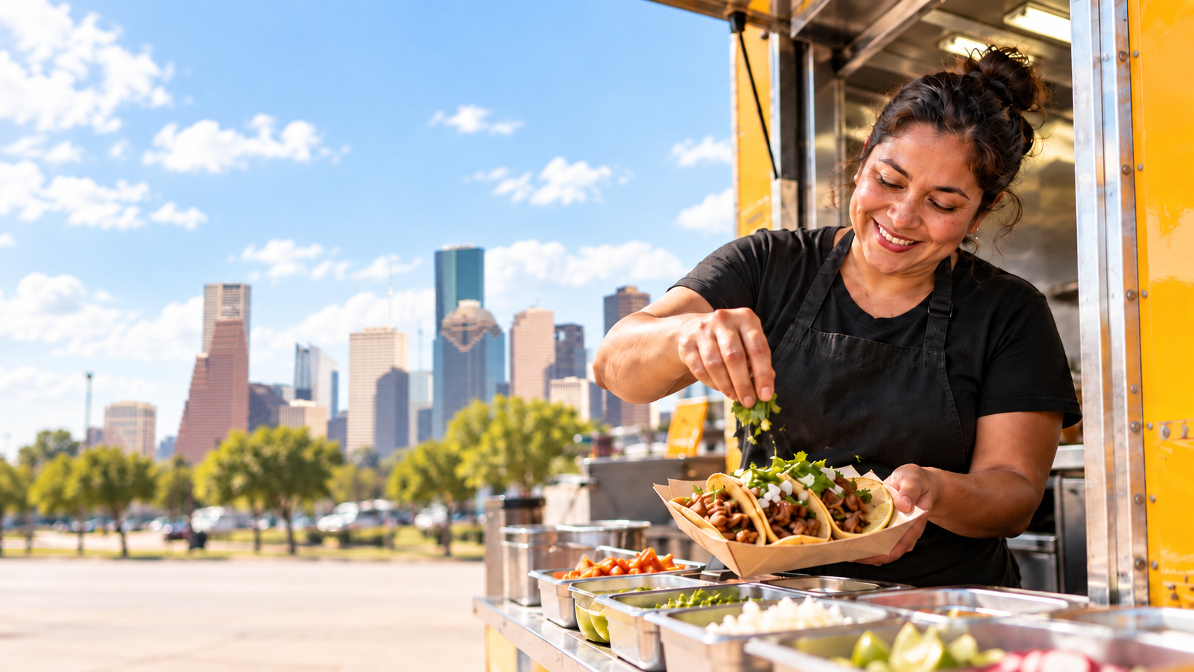 Una dueña de food truck prepara tacos con el horizonte de Houston al fondo.