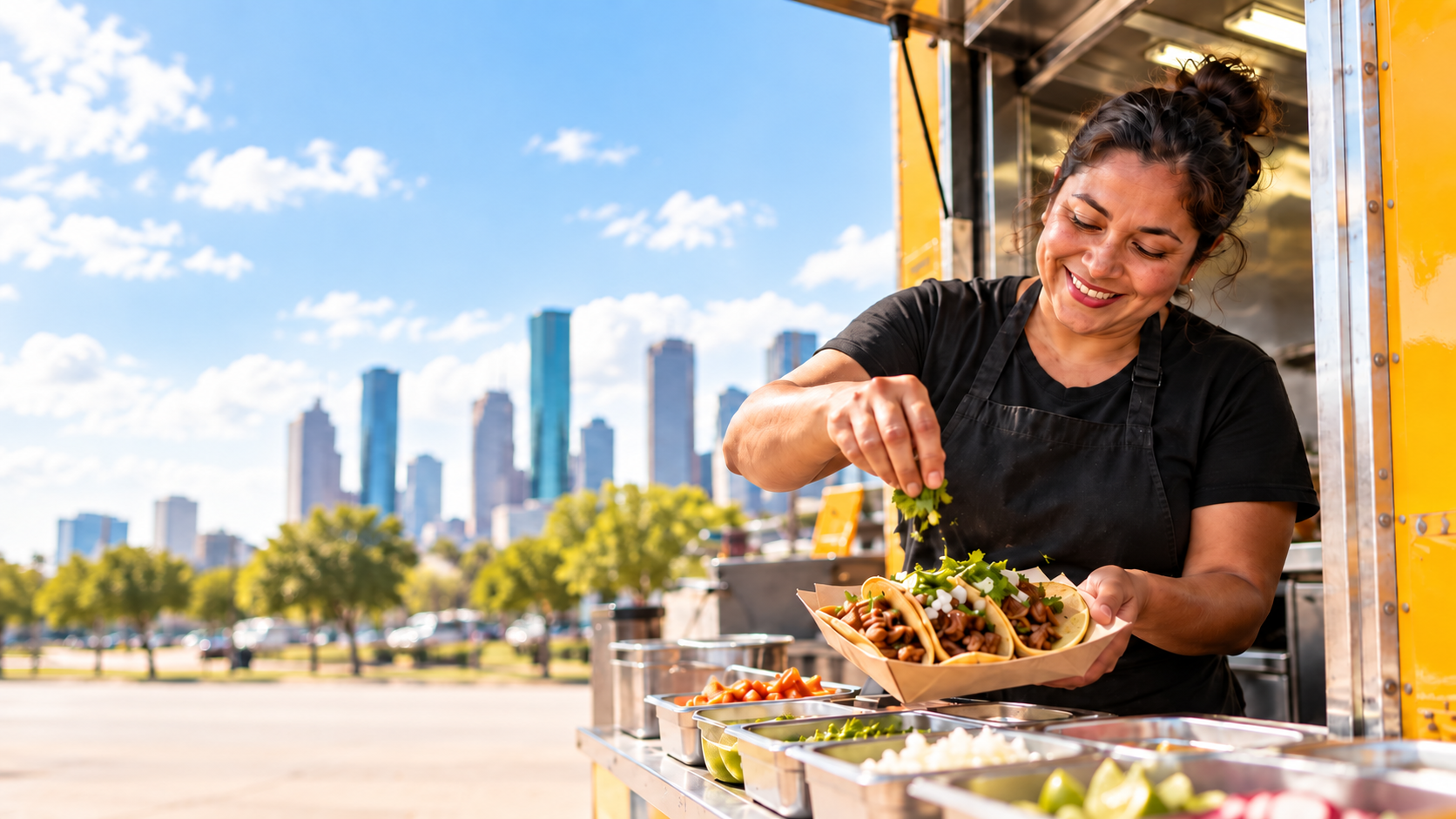 Escena ilustrativa de una persona preparando tacos en un food truck en Houston.