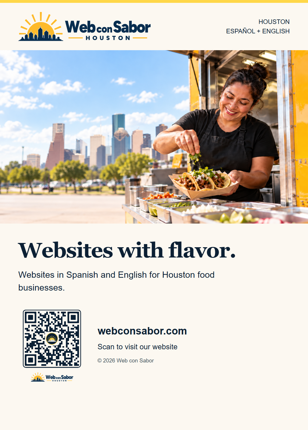 Web con Sabor. Websites in Spanish and English for Houston food businesses. Scan to visit our website.